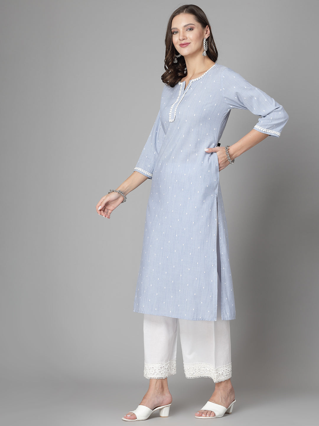 Women Sky Blue Swiss-Dot Kurta With Lace - Kashyap Global Lifestyles LLP