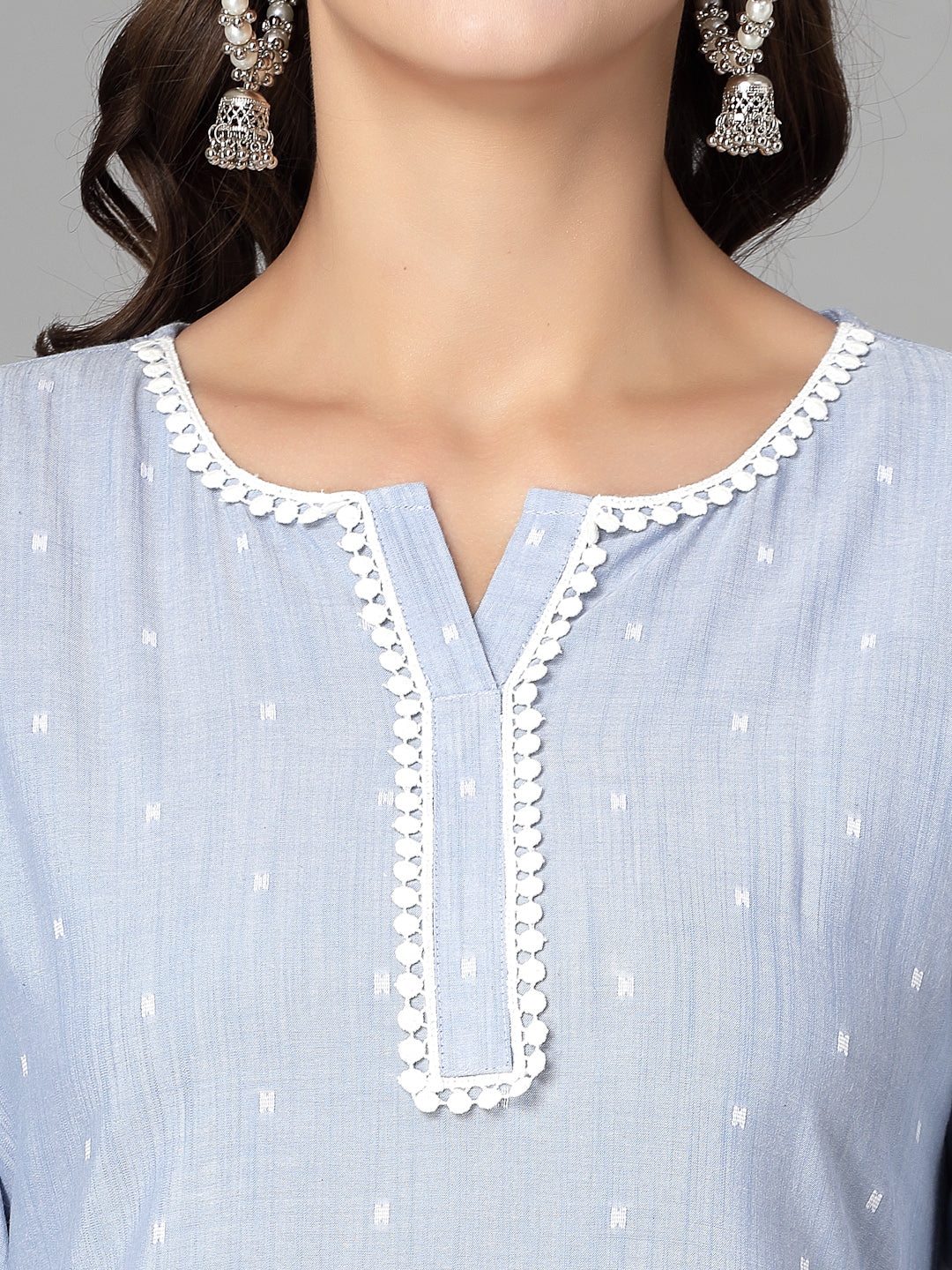 Women Sky Blue Swiss-Dot Kurta With Lace - Kashyap Global Lifestyles LLP
