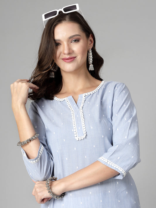 Women Sky Blue Swiss-Dot Kurta With Lace - Kashyap Global Lifestyles LLP