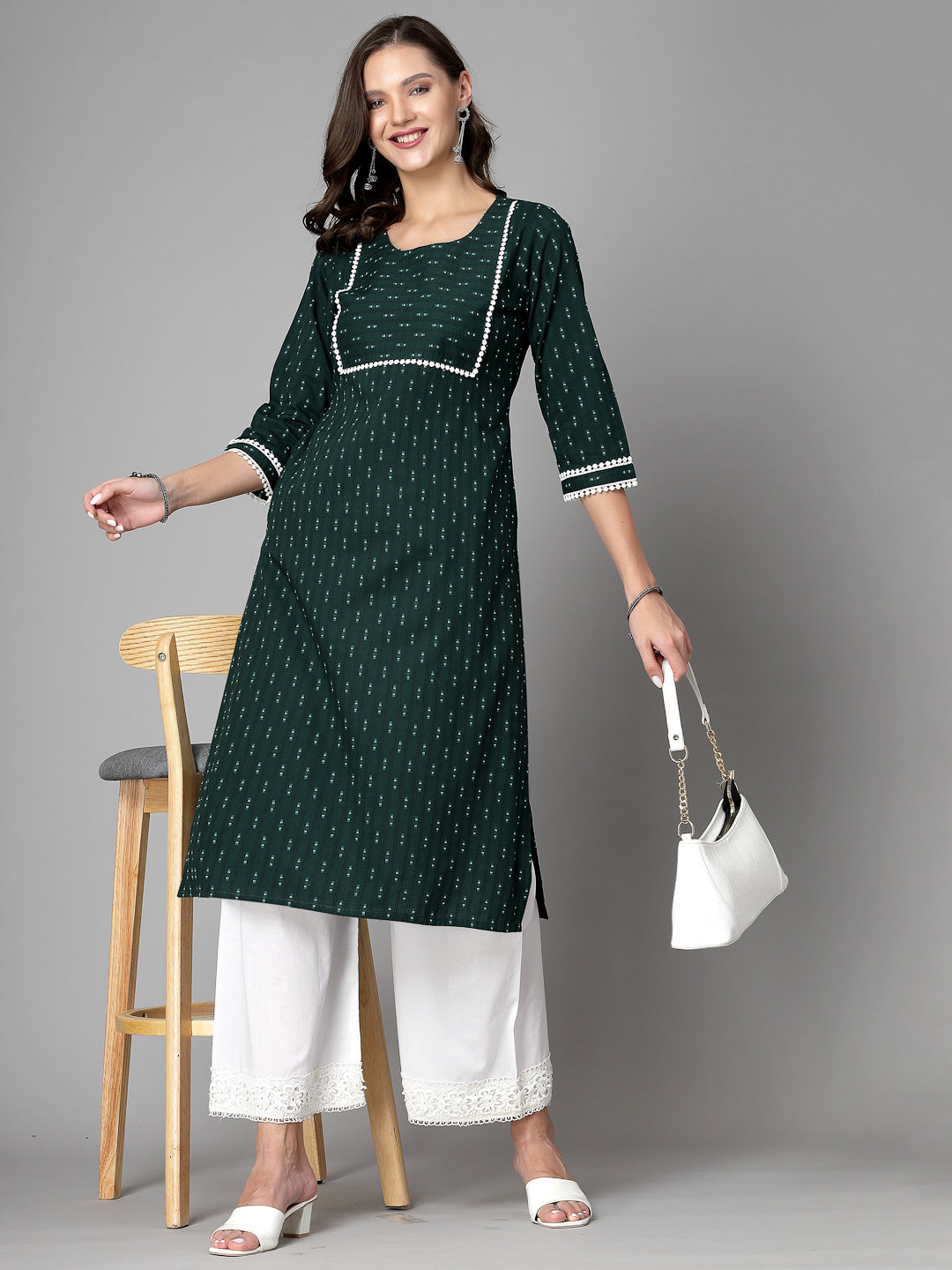 Women Dark Green Cotton Dobby Kurta - Kashyap Global Lifestyles LLP