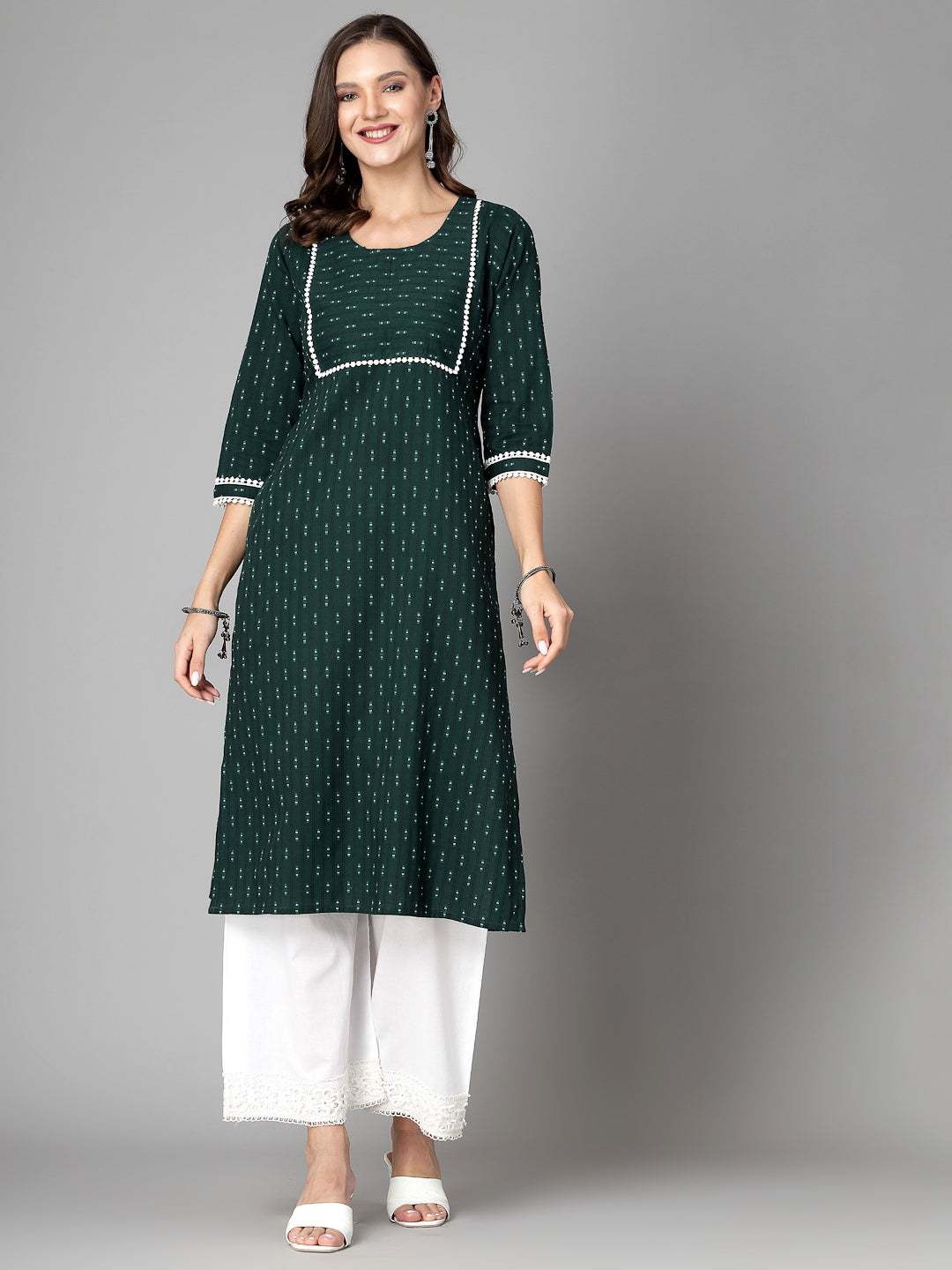 Women Dark Green Cotton Dobby Kurta - Kashyap Global Lifestyles LLP