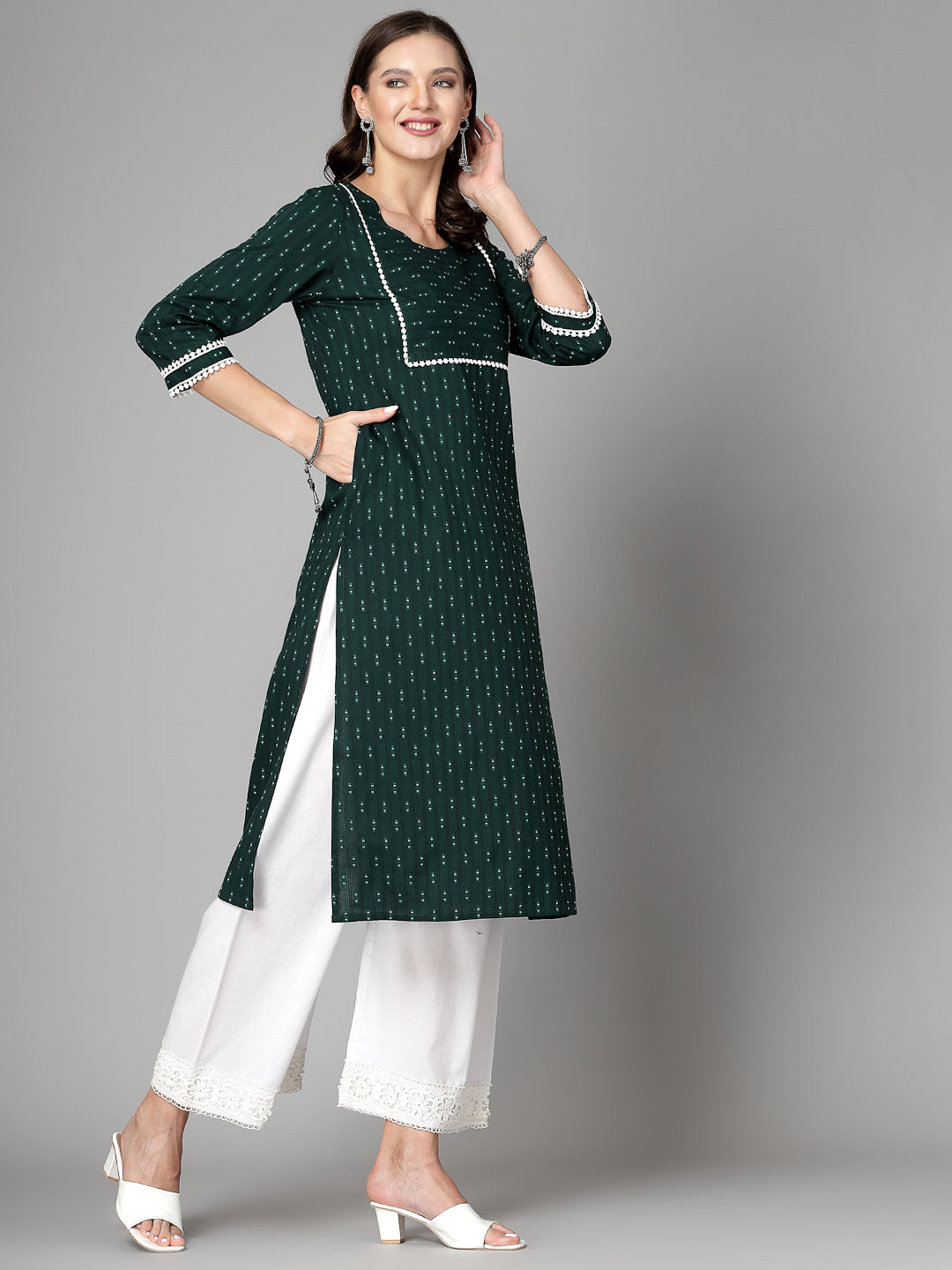 Women Dark Green Cotton Dobby Kurta - Kashyap Global Lifestyles LLP