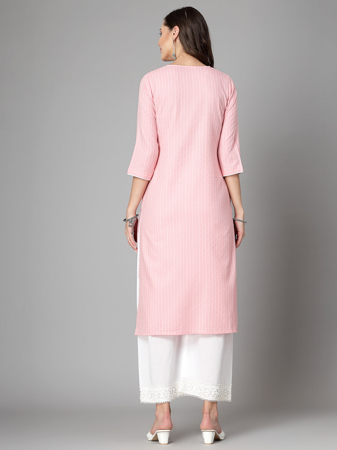 Women Baby Pink Striped Yarn-Dyed Kurta - Kashyap Global Lifestyles LLP