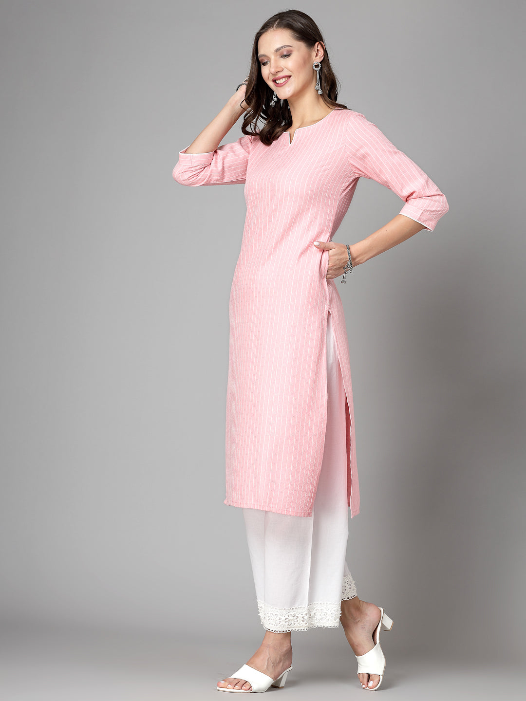 Women Baby Pink Striped Yarn-Dyed Kurta - Kashyap Global Lifestyles LLP