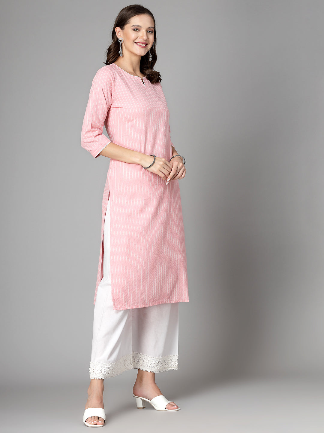 Women Baby Pink Striped Yarn-Dyed Kurta - Kashyap Global Lifestyles LLP