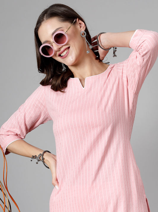 Women Baby Pink Striped Yarn-Dyed Kurta - Kashyap Global Lifestyles LLP