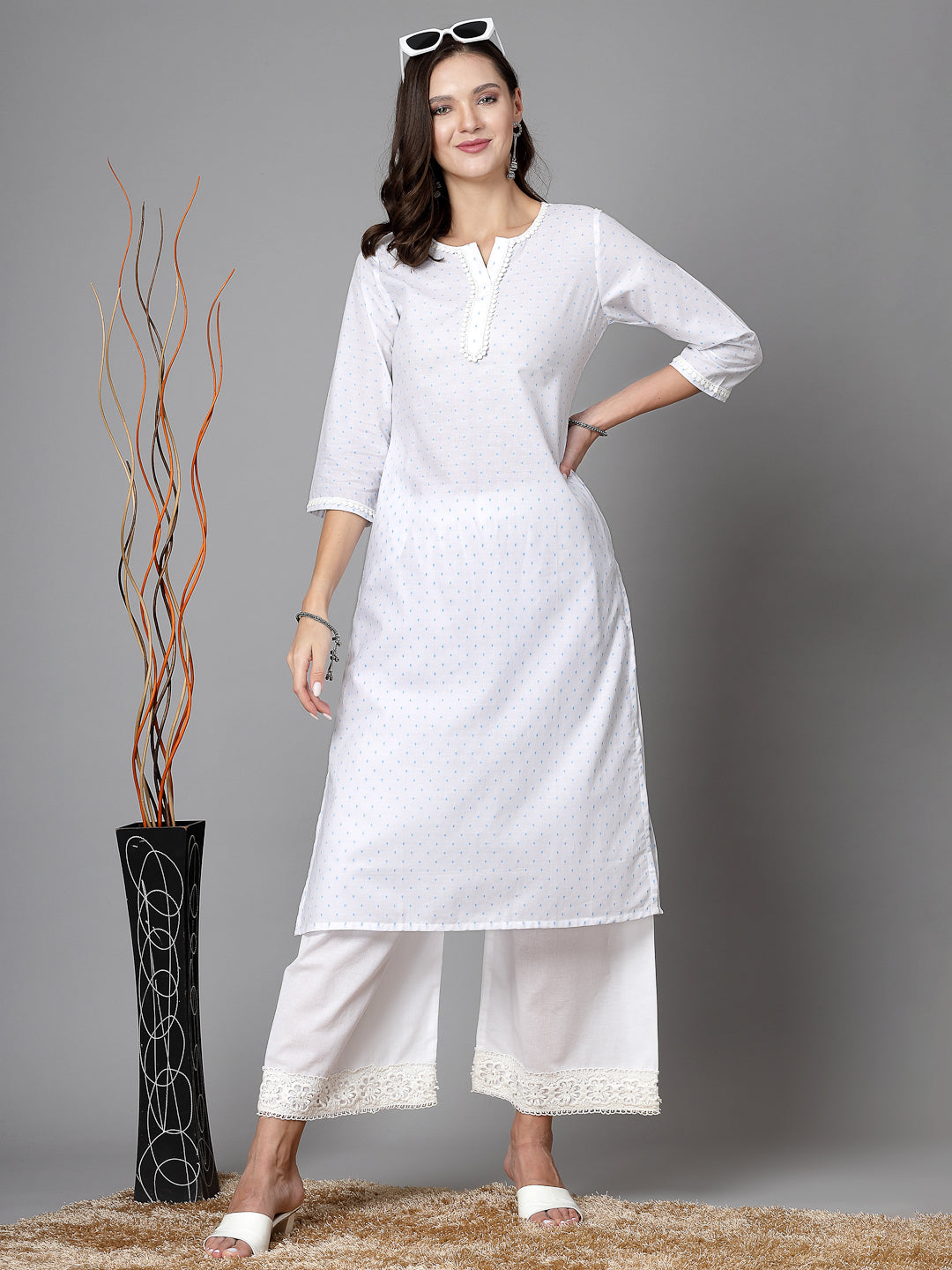 Women White Swiss-Dot Kurta With Lace - Kashyap Global Lifestyles LLP