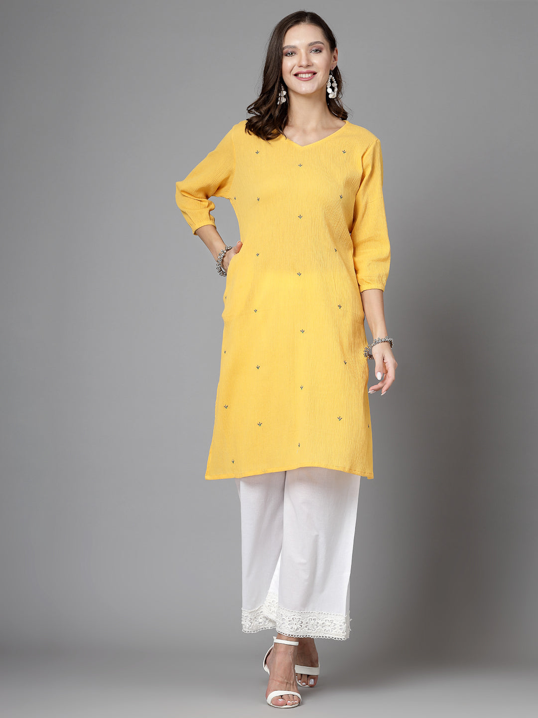 Women Mustard Kurta With Embroidered Front - Kashyap Global Lifestyles LLP