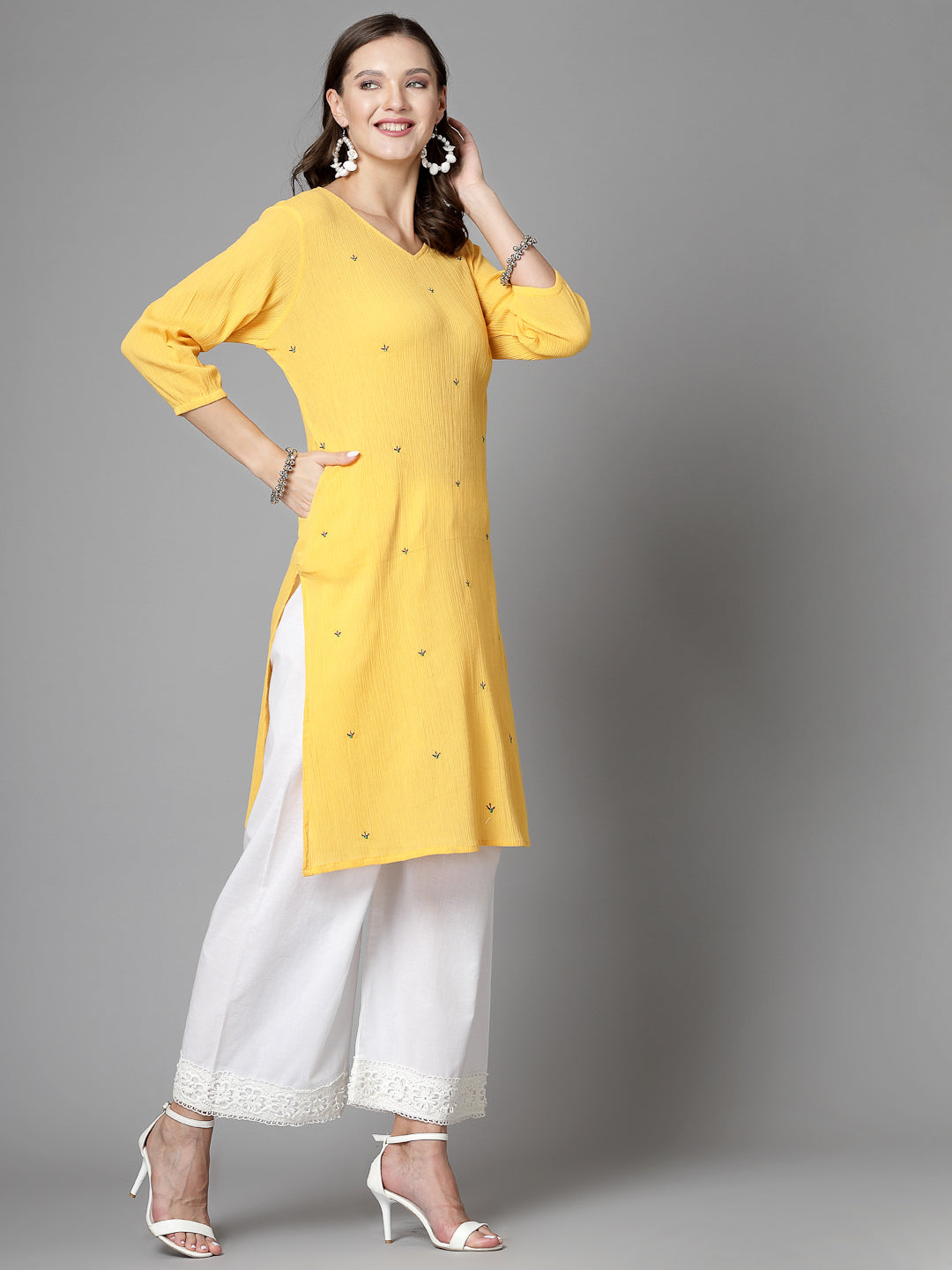 Women Mustard Kurta With Embroidered Front - Kashyap Global Lifestyles LLP