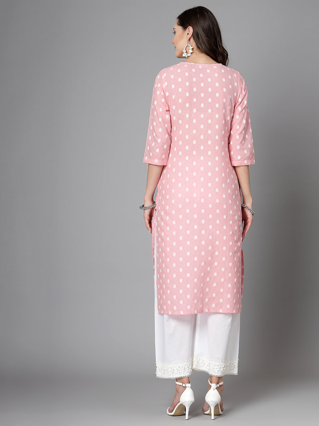 Women Baby Pink Cotton Dobby Kurta With Lace - Kashyap Global Lifestyles LLP