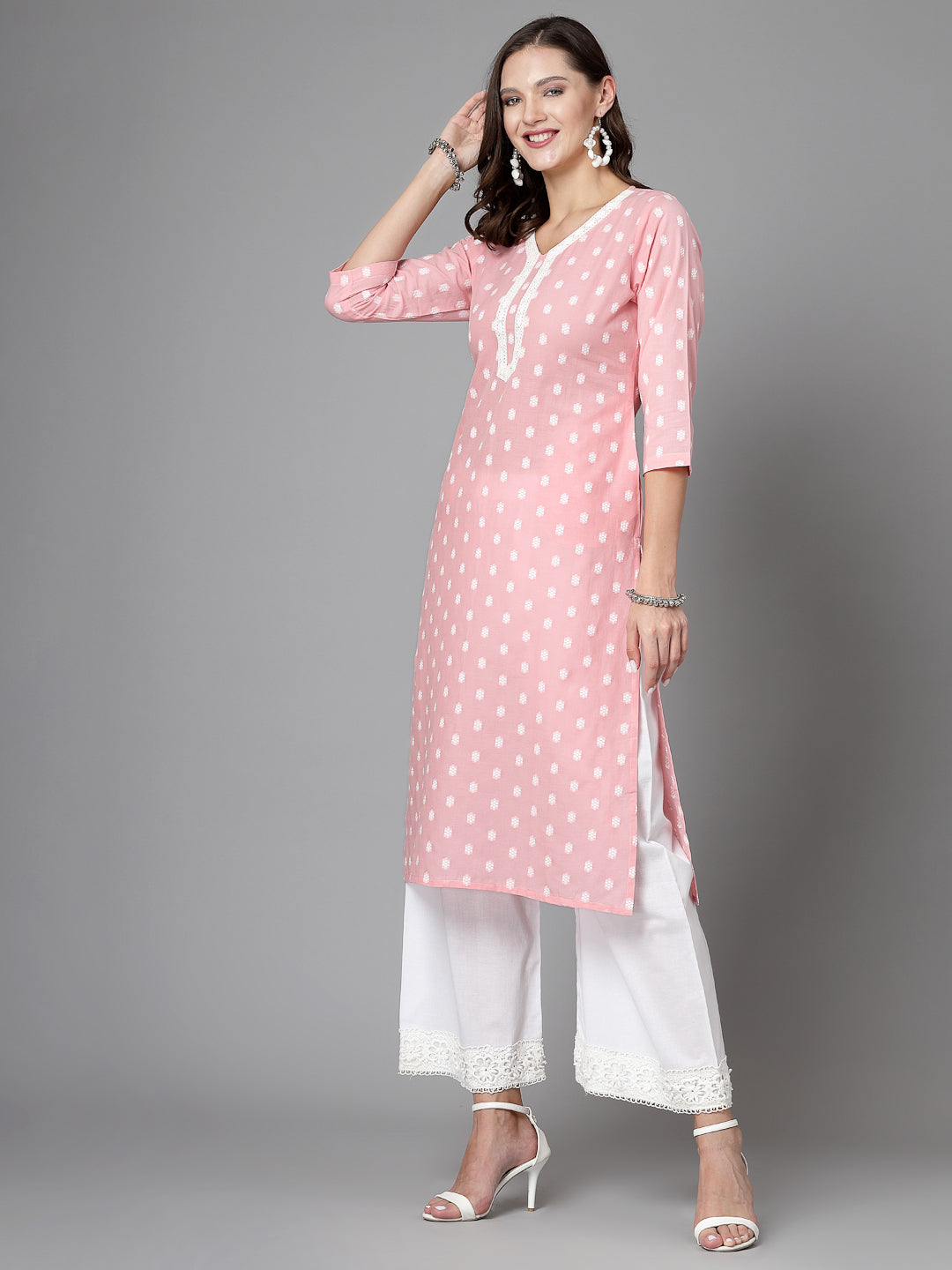 Women Baby Pink Cotton Dobby Kurta With Lace - Kashyap Global Lifestyles LLP