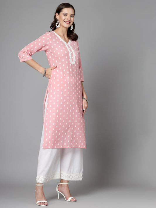 Women Baby Pink Cotton Dobby Kurta With Lace - Kashyap Global Lifestyles LLP