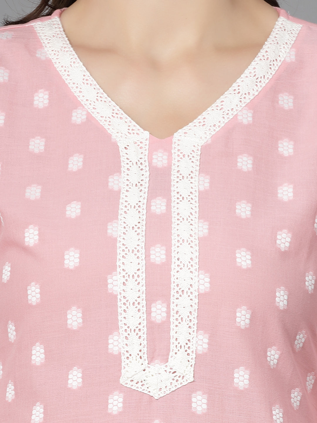 Women Baby Pink Cotton Dobby Kurta With Lace - Kashyap Global Lifestyles LLP