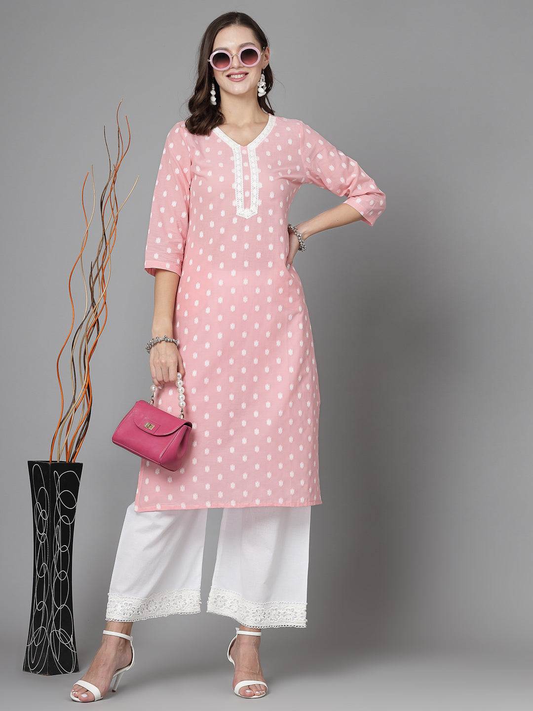 Women Baby Pink Cotton Dobby Kurta With Lace - Kashyap Global Lifestyles LLP