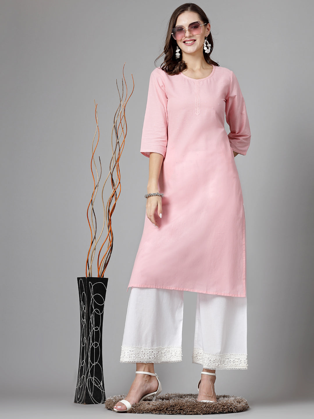 Women Pink Swiss-Dot Kurta With Lace - Kashyap Global Lifestyles LLP