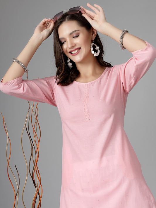 Women Pink Swiss-Dot Kurta With Lace - Kashyap Global Lifestyles LLP