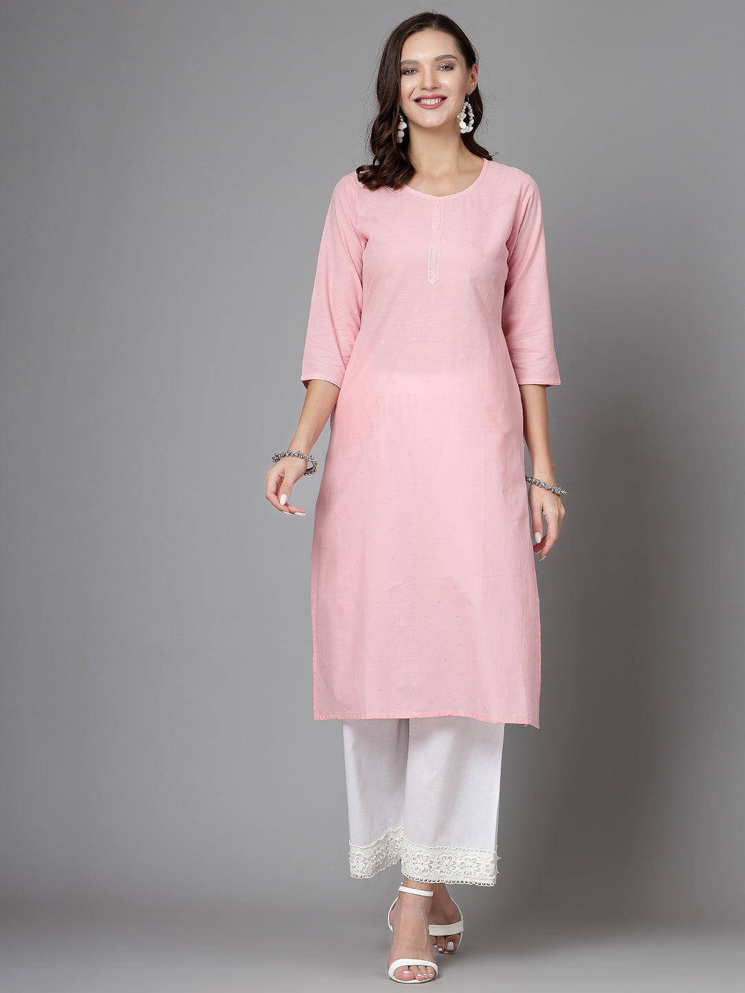 Women Pink Swiss-Dot Kurta With Lace - Kashyap Global Lifestyles LLP
