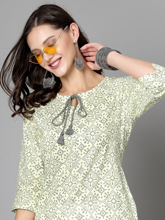 Women Yellow Handblock Printed Tie-Up Neck Kurta - Kashyap Global Lifestyles LLP
