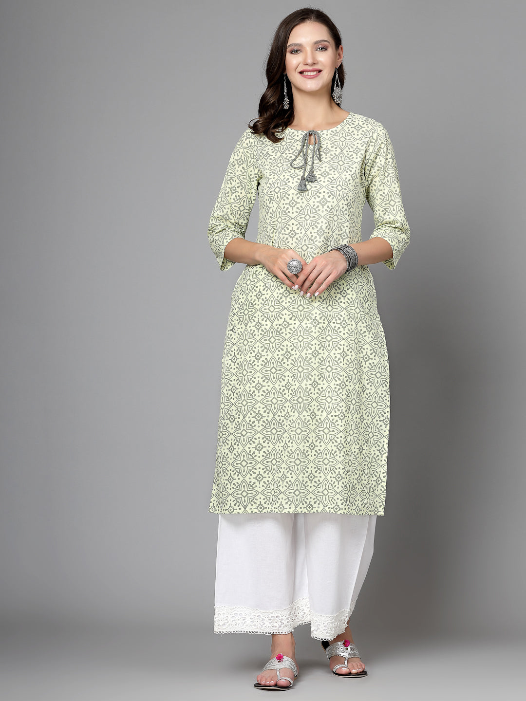Women Yellow Handblock Printed Tie-Up Neck Kurta - Kashyap Global Lifestyles LLP