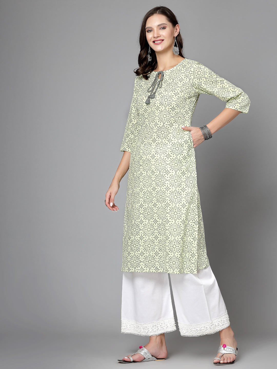 Women Yellow Handblock Printed Tie-Up Neck Kurta - Kashyap Global Lifestyles LLP