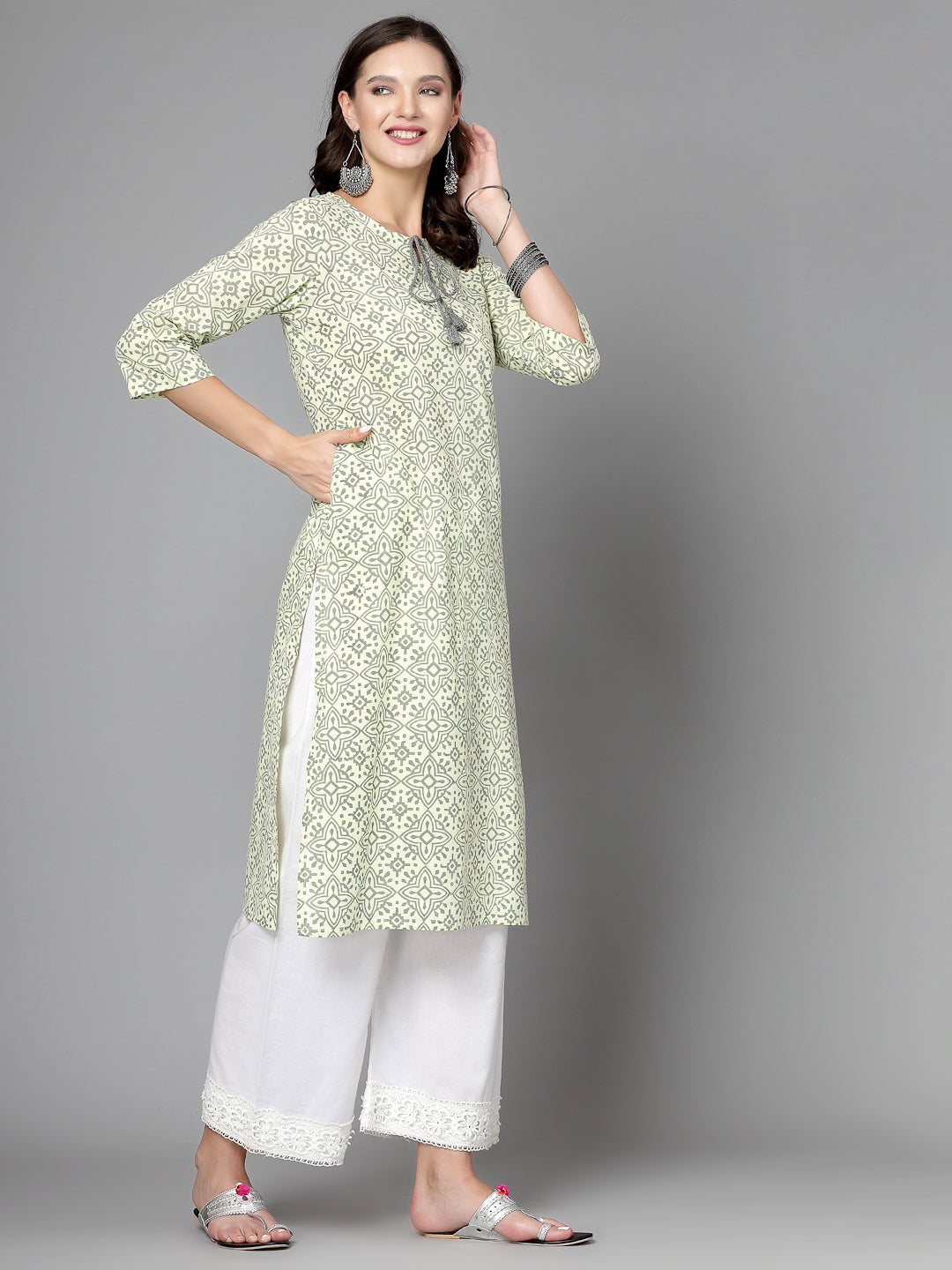 Women Yellow Handblock Printed Tie-Up Neck Kurta - Kashyap Global Lifestyles LLP