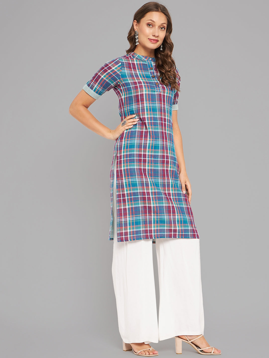 Women Mandrian Collar Short Sleeve Kurta - Kashyap Global Lifestyles LLP
