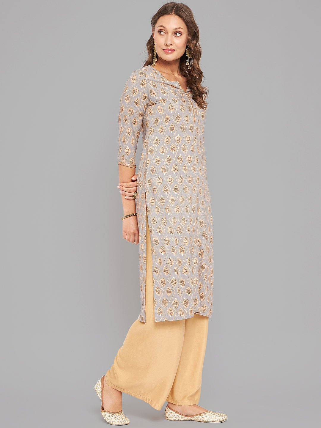 Women Grey Ethnic Motifs Printed Kurta With Piping - Kashyap Global Lifestyles LLP
