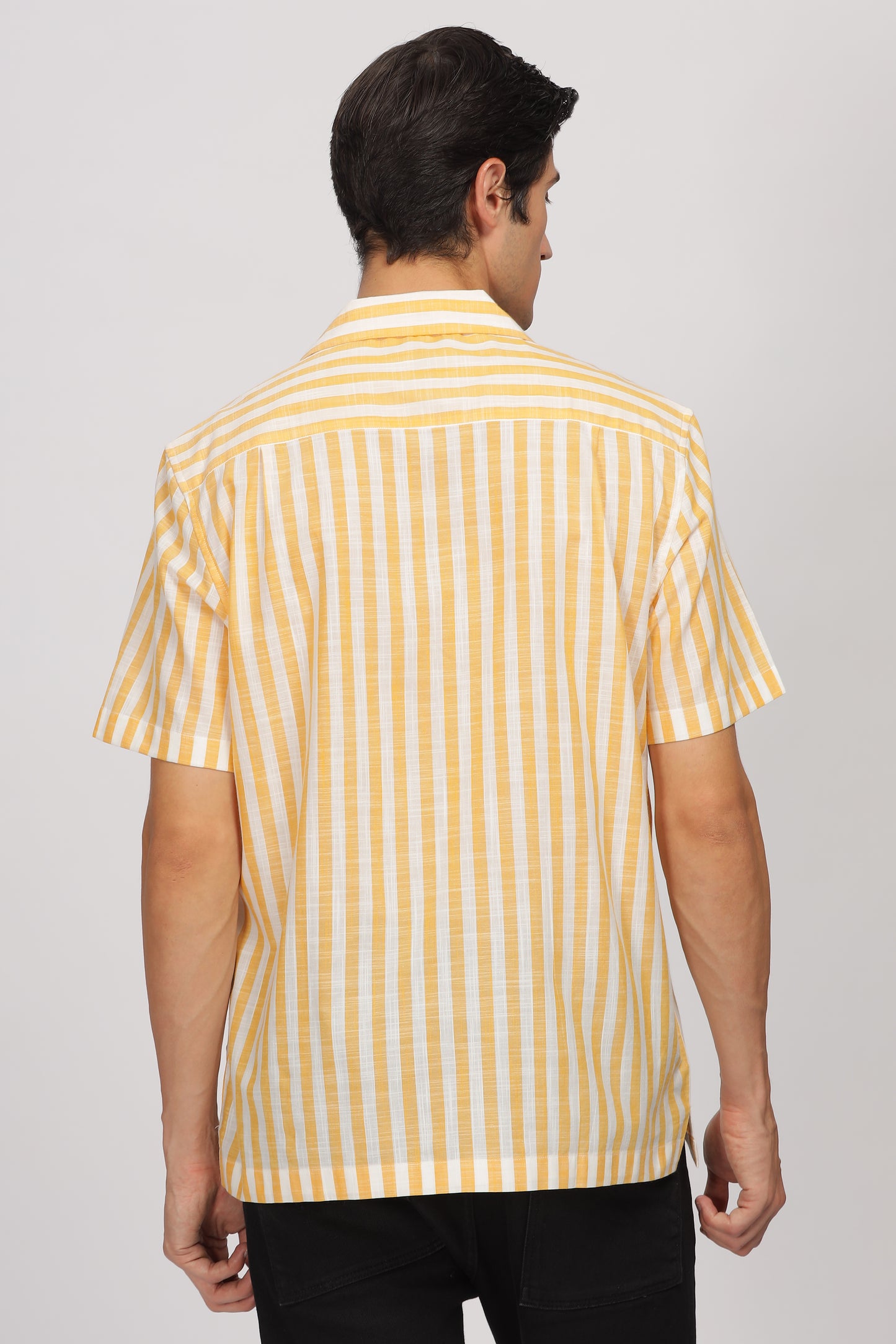 Uri Yellow Striped Cuban Collar Shirt - Kashyap Global Lifestyles LLP