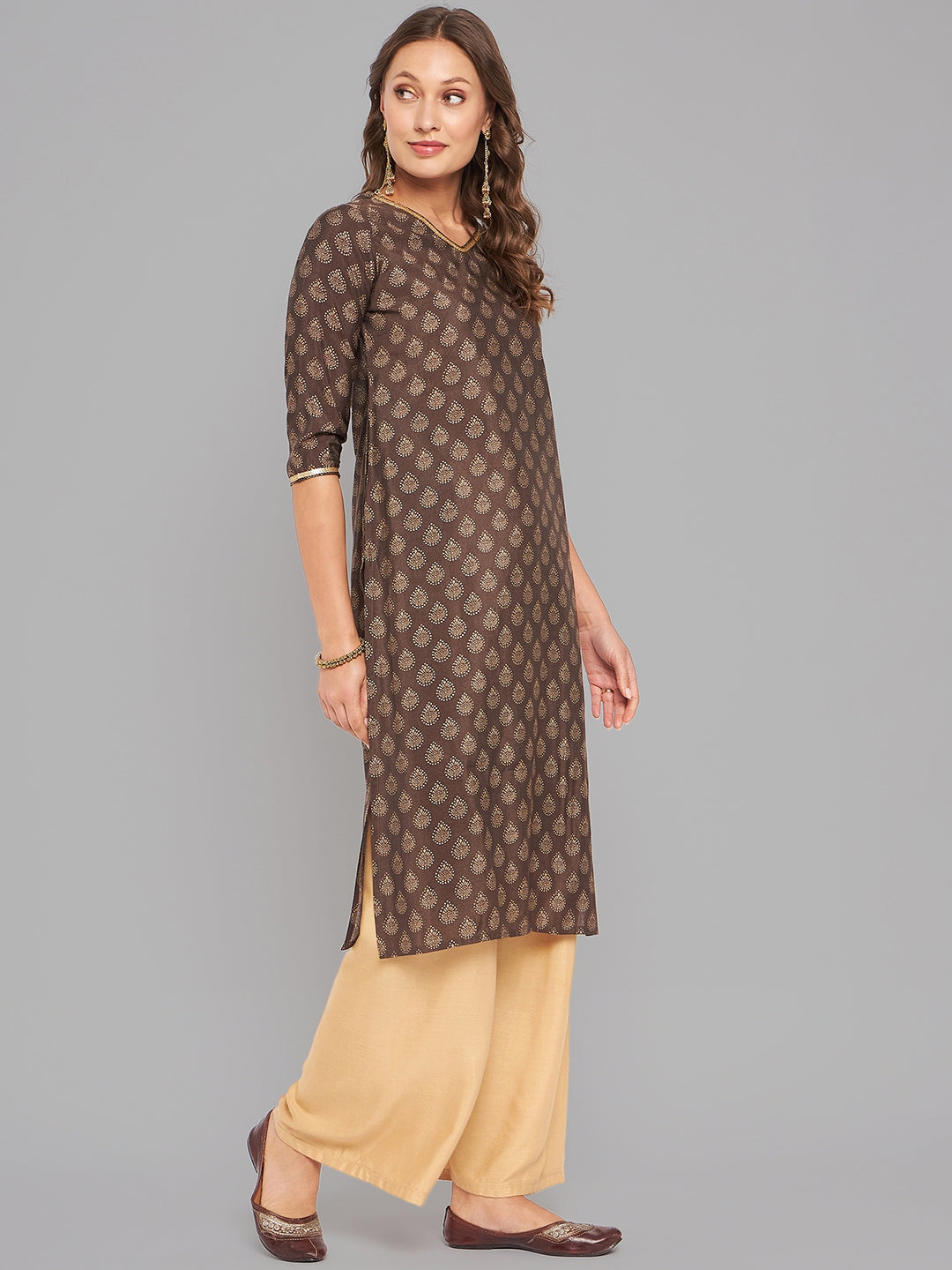 Women Brown Ethnic Motifs Printed Sequinned Kurta - Kashyap Global Lifestyles LLP