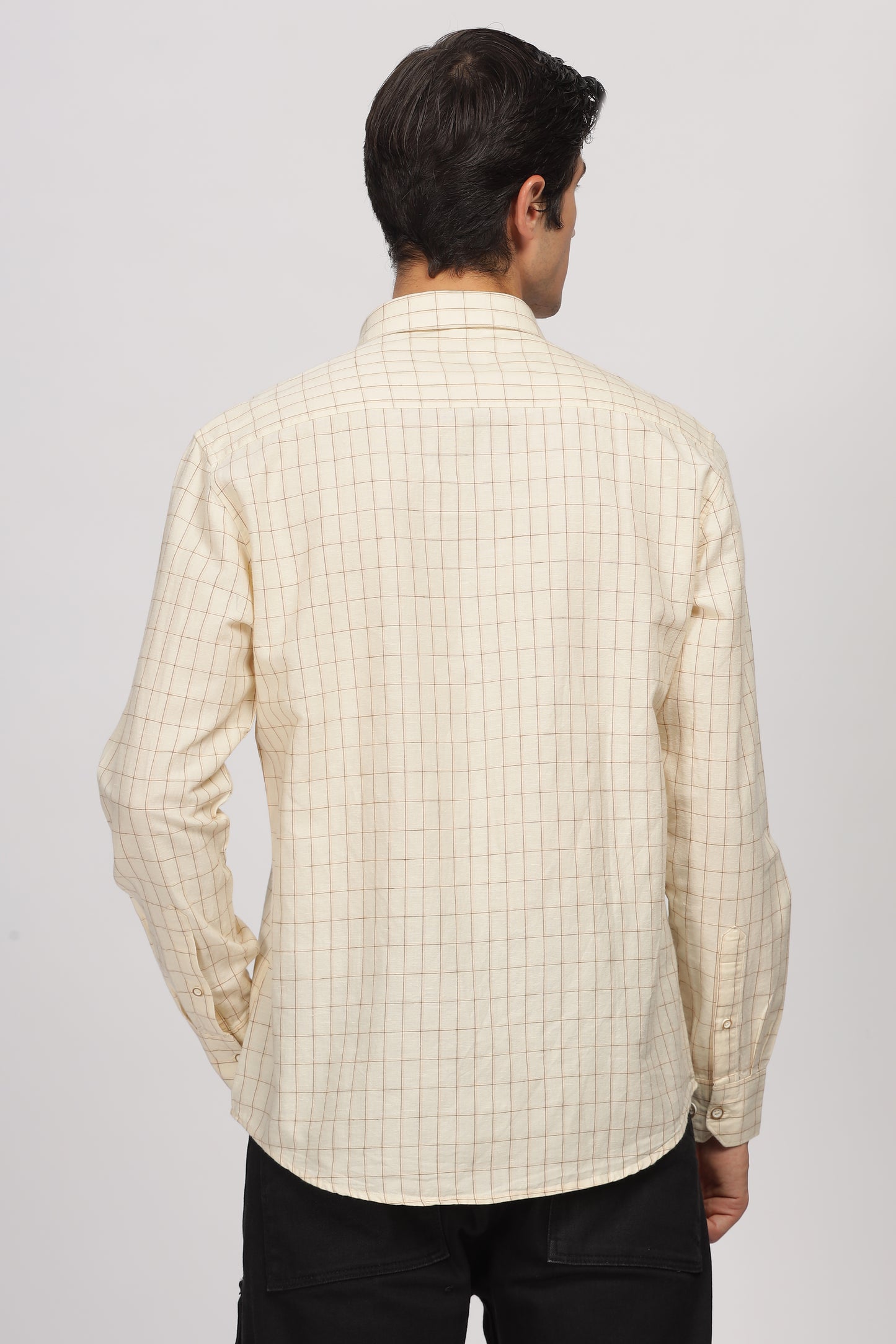 Uri Beige Linen Checked Spread Collar Shirt