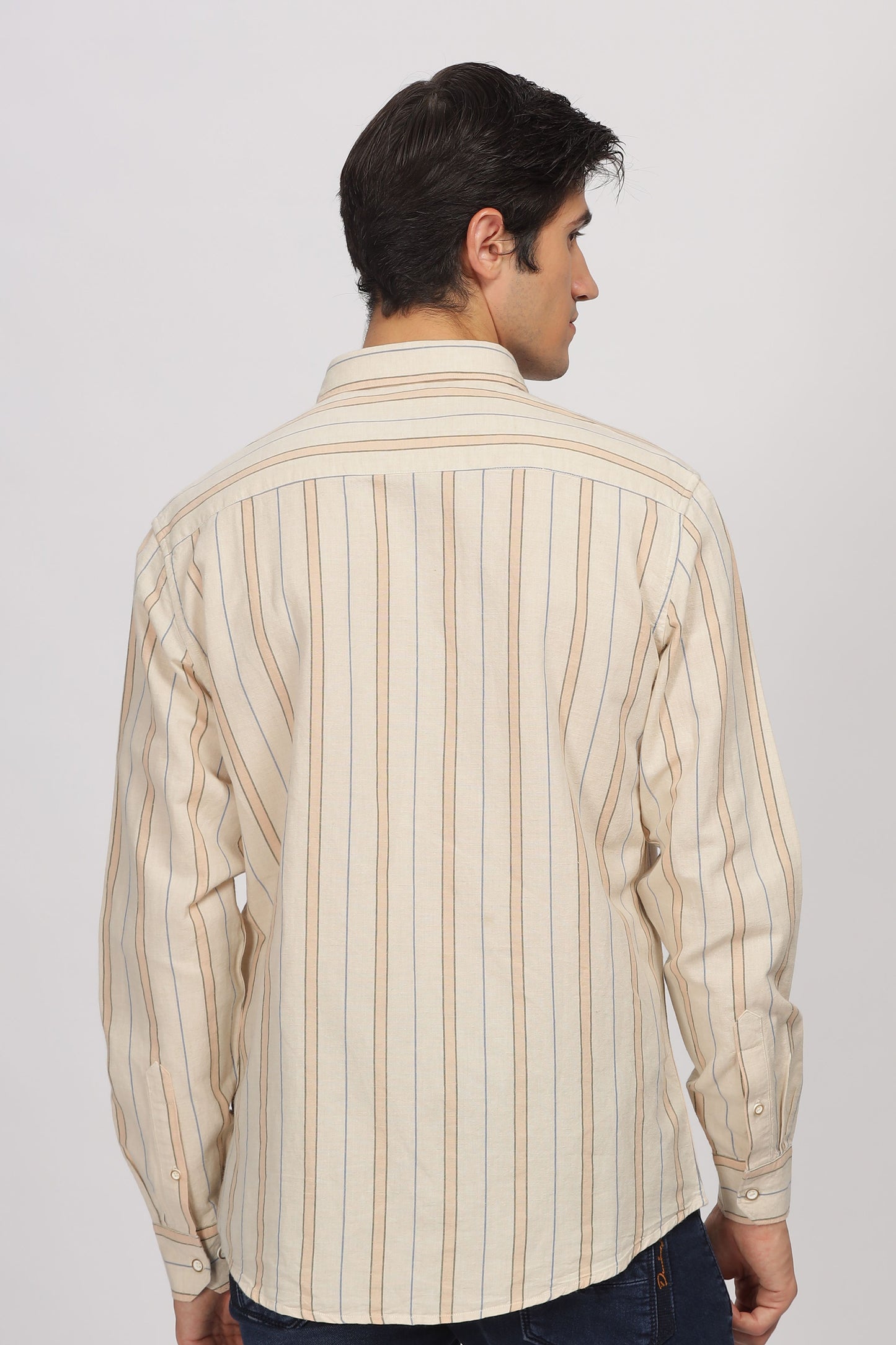 Uri Beige Linen Striped Spread Collar Shirt