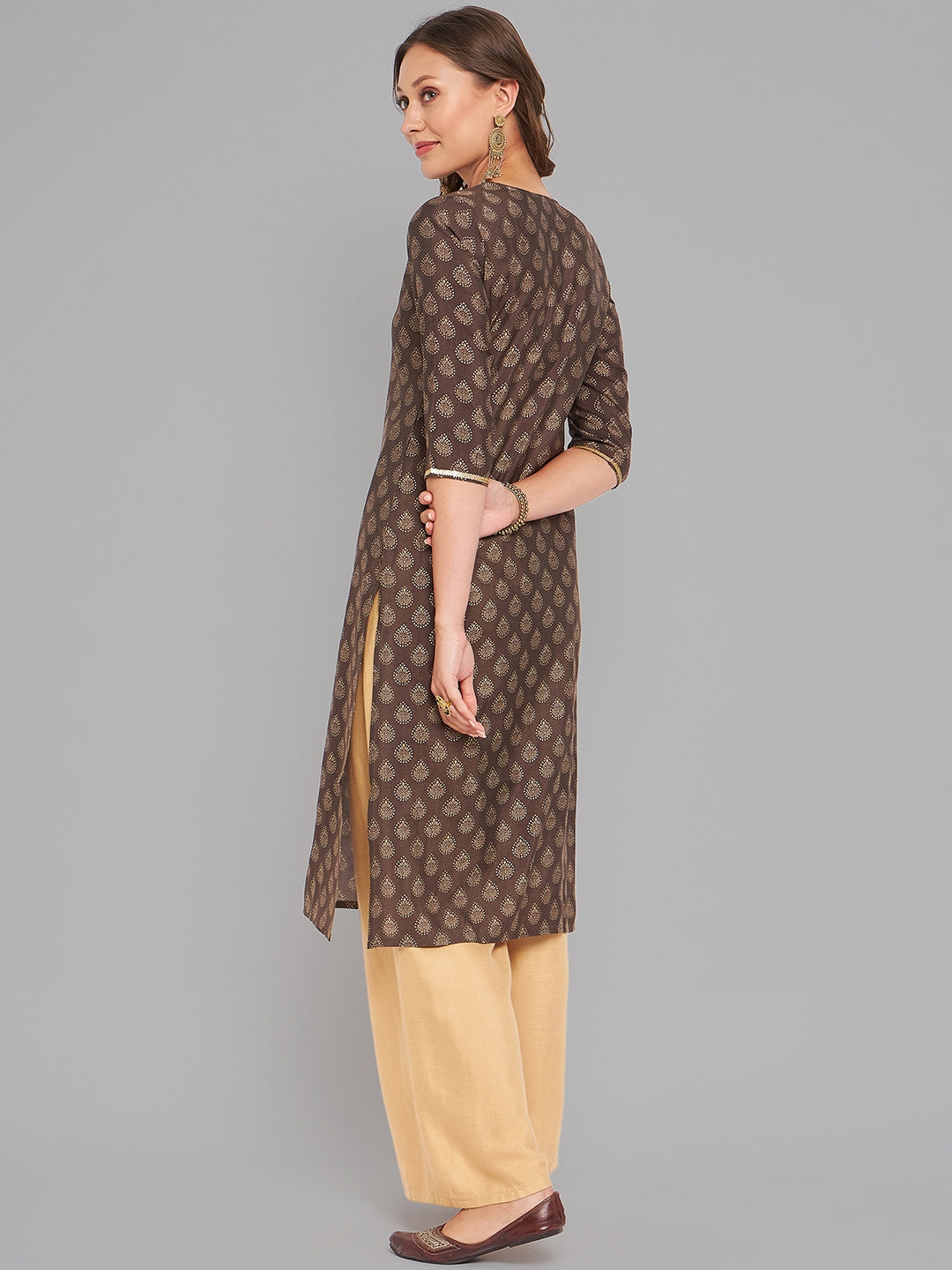 Women Brown Ethnic Motifs Printed Sequinned Kurta - Kashyap Global Lifestyles LLP