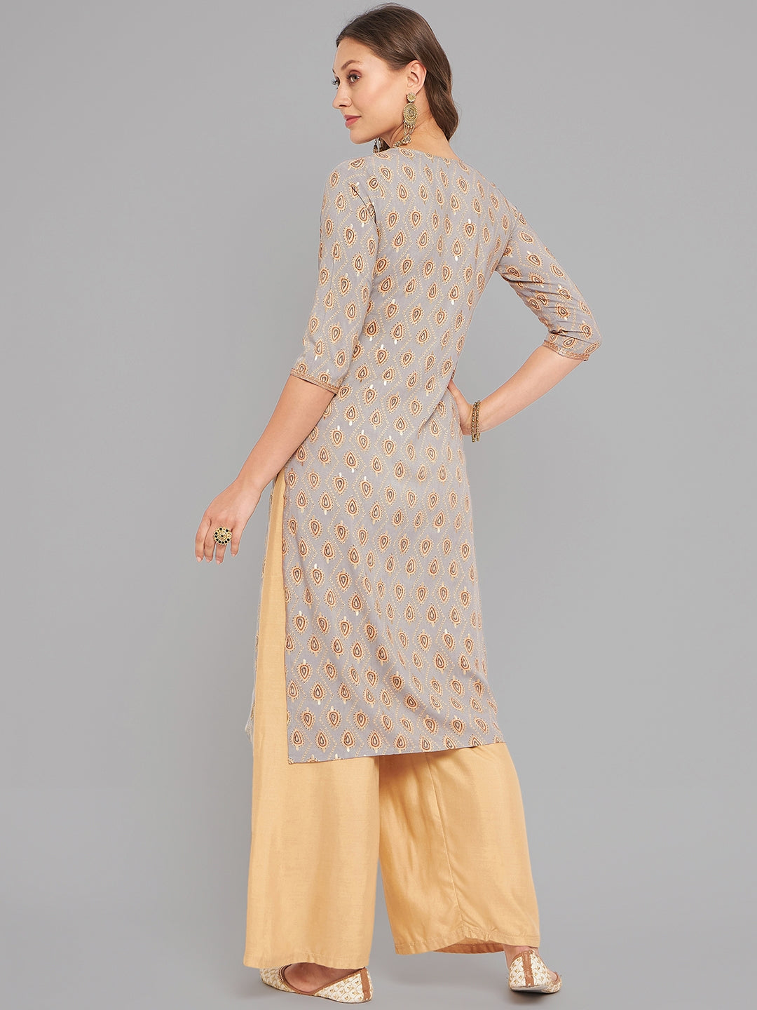 Women Grey Ethnic Motifs Printed Kurta With Piping - Kashyap Global Lifestyles LLP