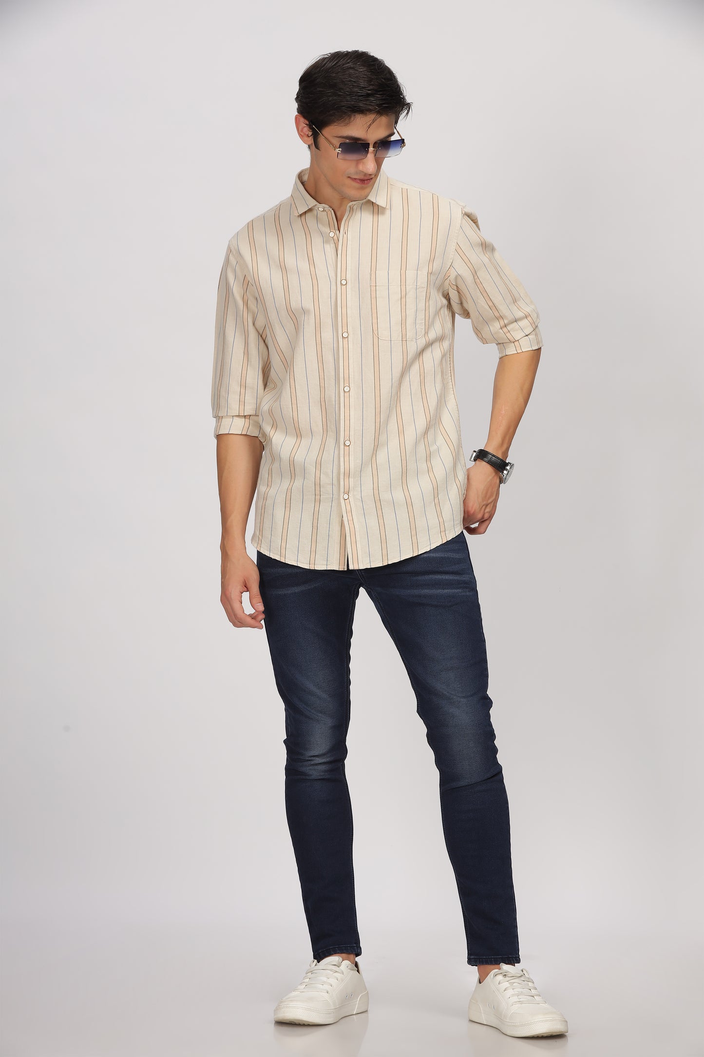 Uri Beige Linen Striped Spread Collar Shirt