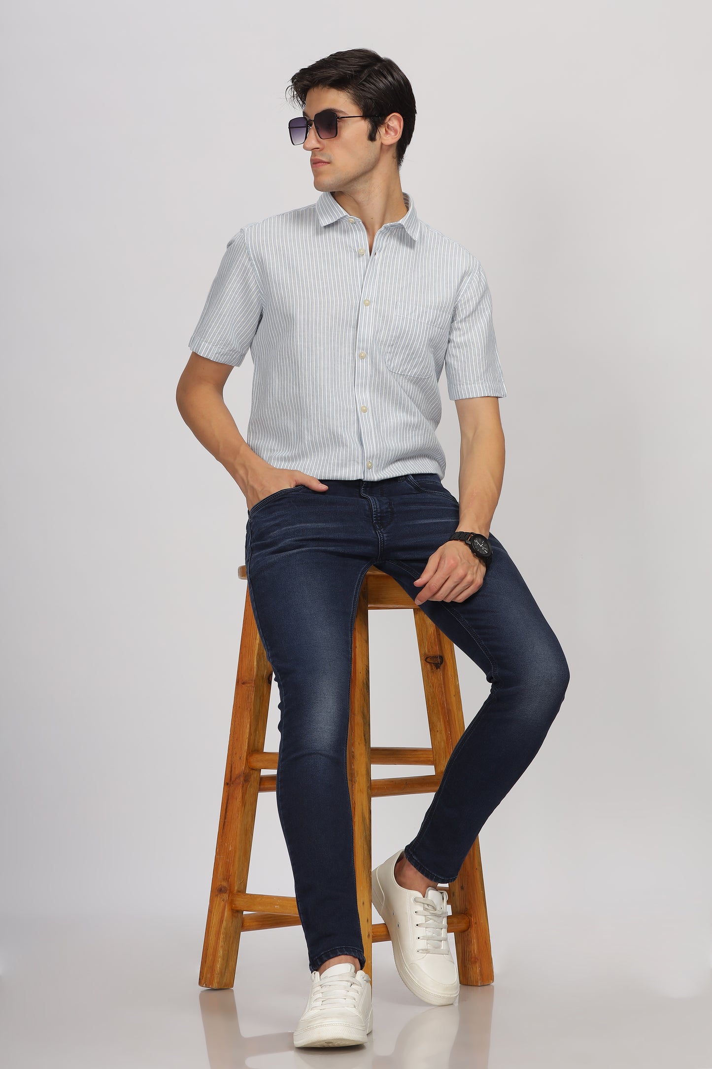 Uri Half Sleeve Linen Striped Shirt