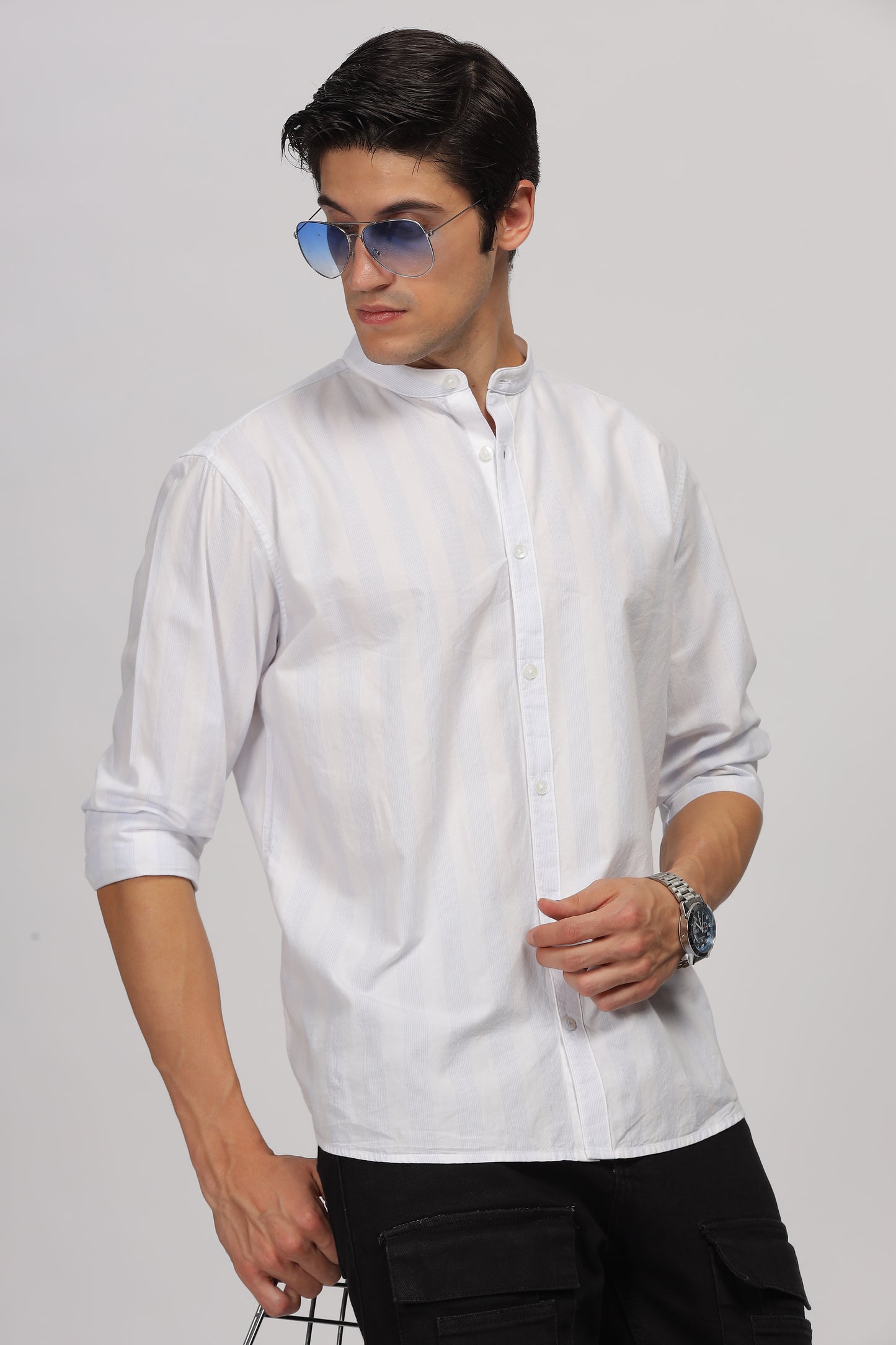 Uri Mandarin Collar Off White Shirt
