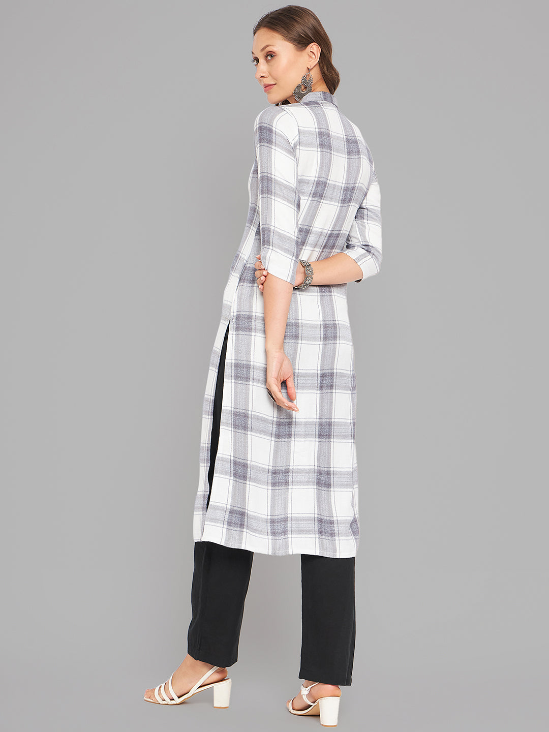 Women White & Grey Collar Neck Kurta - Kashyap Global Lifestyles LLP