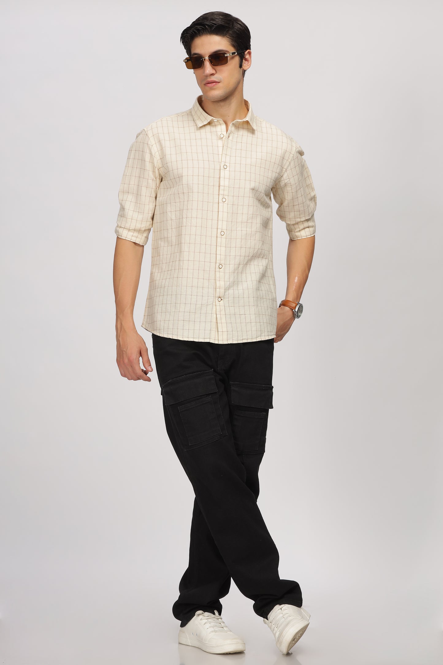 Uri Beige Linen Checked Spread Collar Shirt