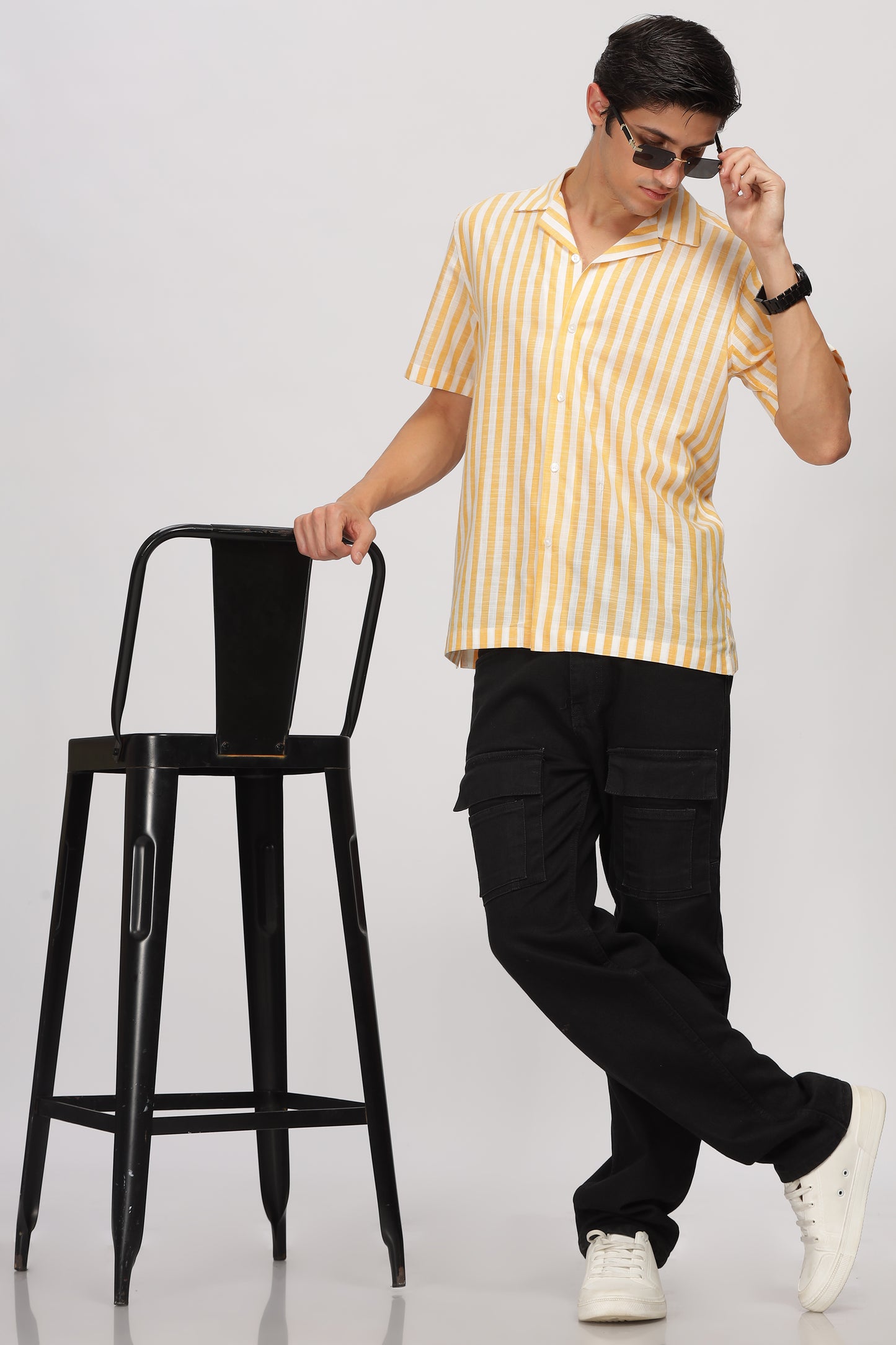 Uri Yellow Striped Cuban Collar Shirt - Kashyap Global Lifestyles LLP