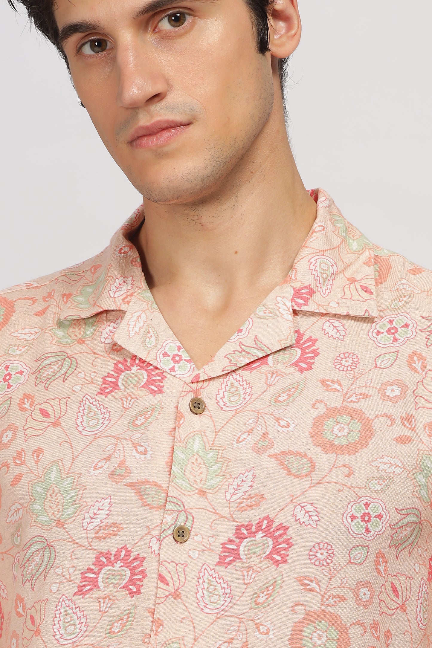 Uri Peach Printed Cuban Collar Shirt - Kashyap Global Lifestyles LLP