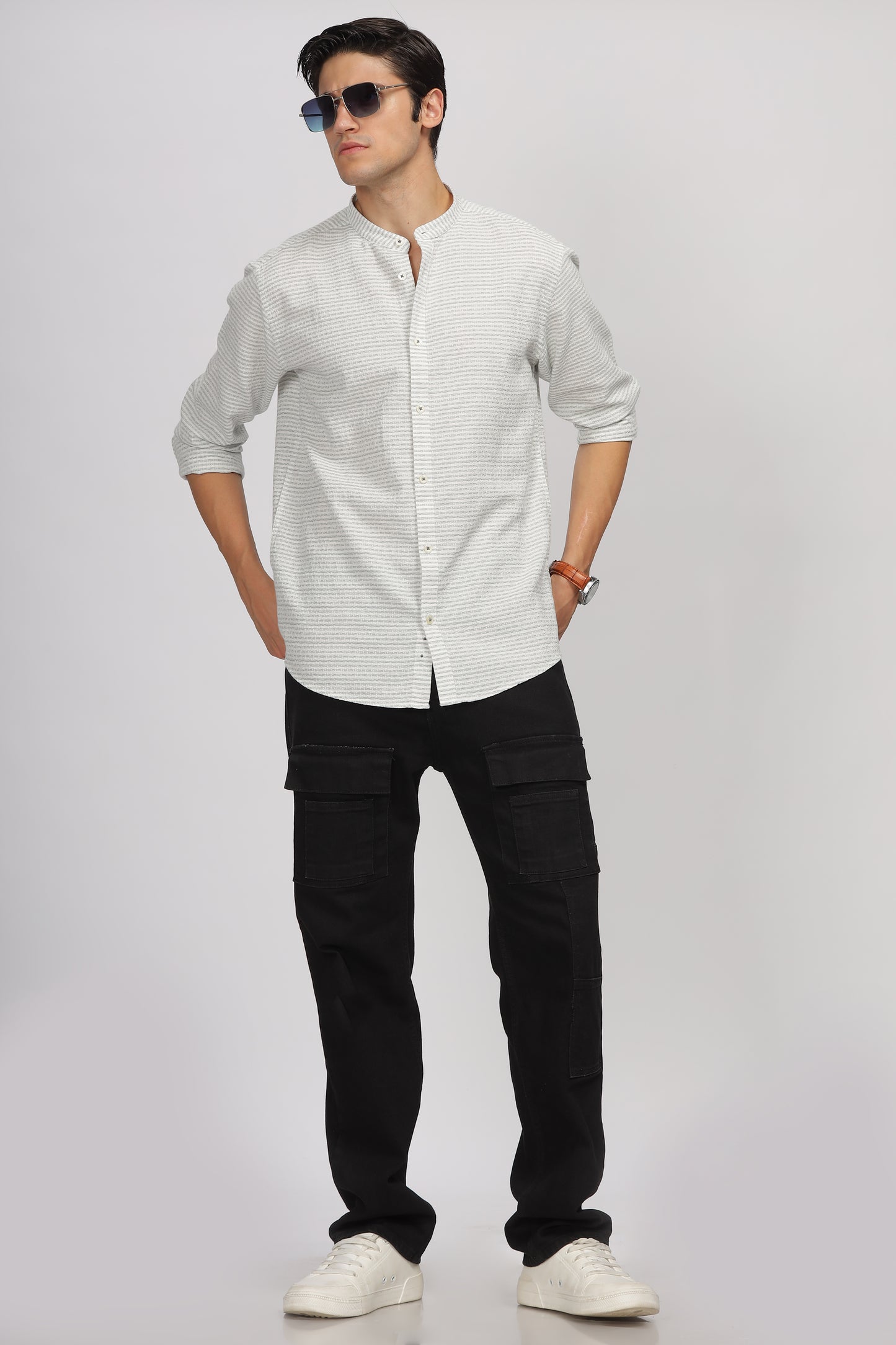 Uri Off White Striped Mandarin Collar Shirt