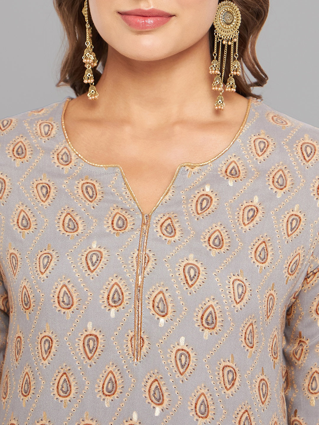 Women Grey Ethnic Motifs Printed Kurta With Piping - Kashyap Global Lifestyles LLP