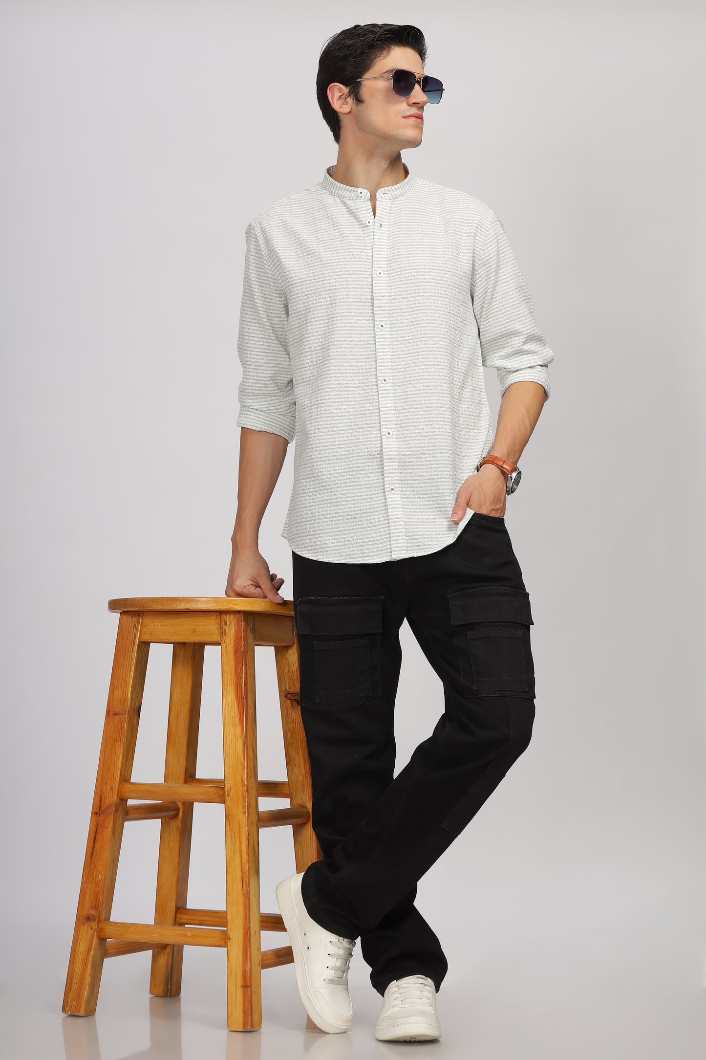 Uri Off White Striped Mandarin Collar Shirt