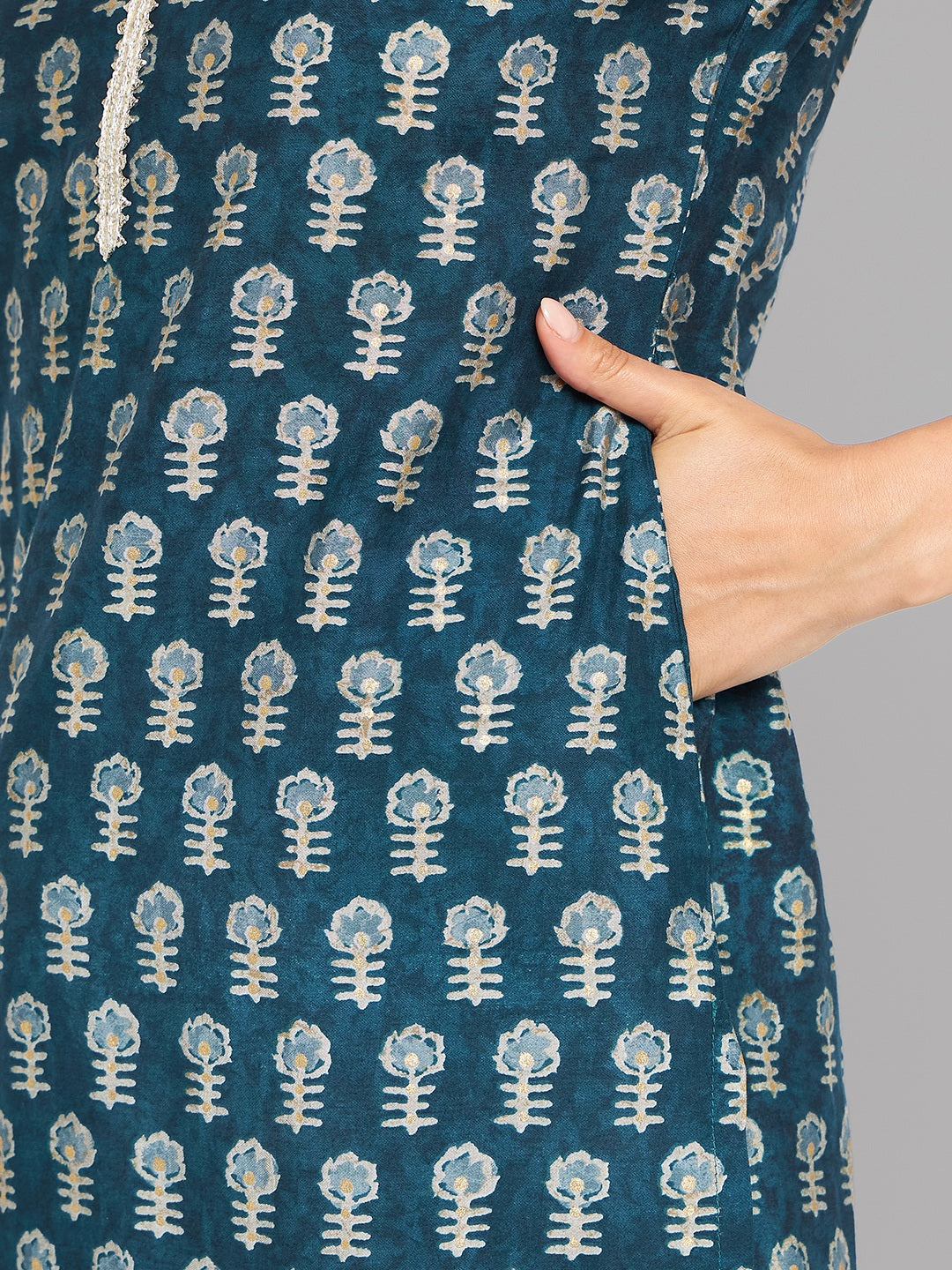 Women Blue Printed Kurta With Lace - Kashyap Global Lifestyles LLP