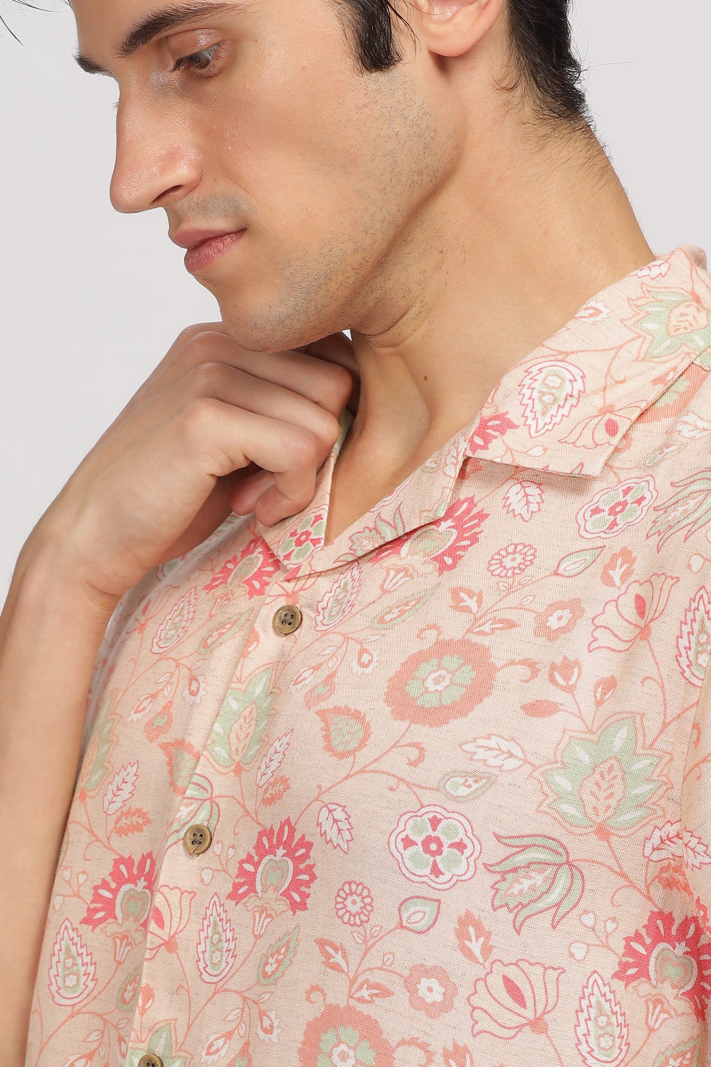 Uri Peach Printed Cuban Collar Shirt - Kashyap Global Lifestyles LLP