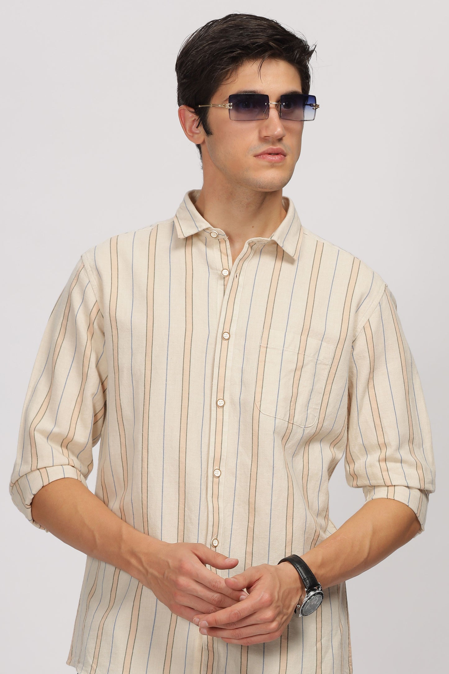 Uri Beige Linen Striped Spread Collar Shirt