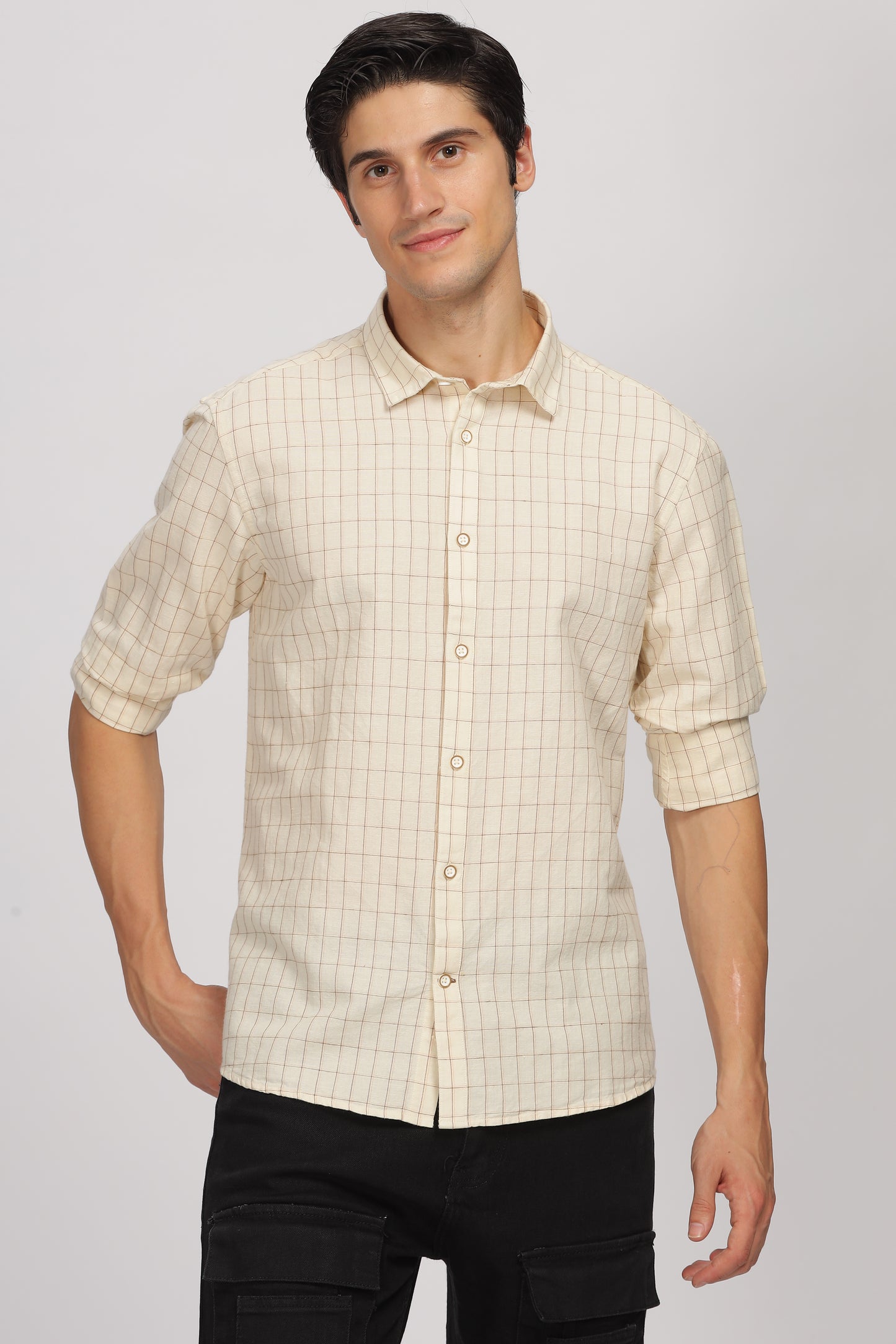 Uri Beige Linen Checked Spread Collar Shirt