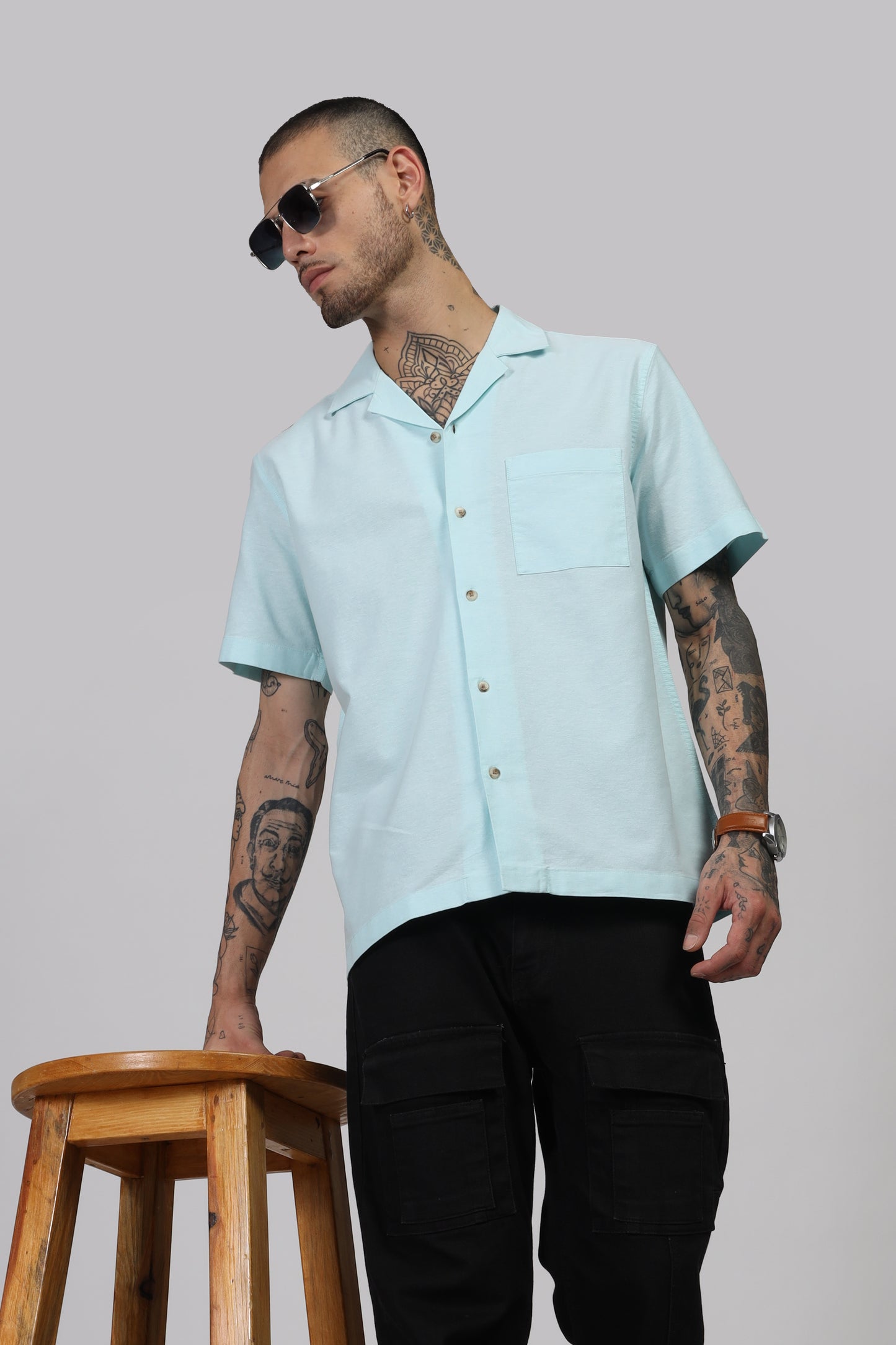 Uri Cuban Collar Turquoise Oxford Shirt - Kashyap Global Lifestyles LLP
