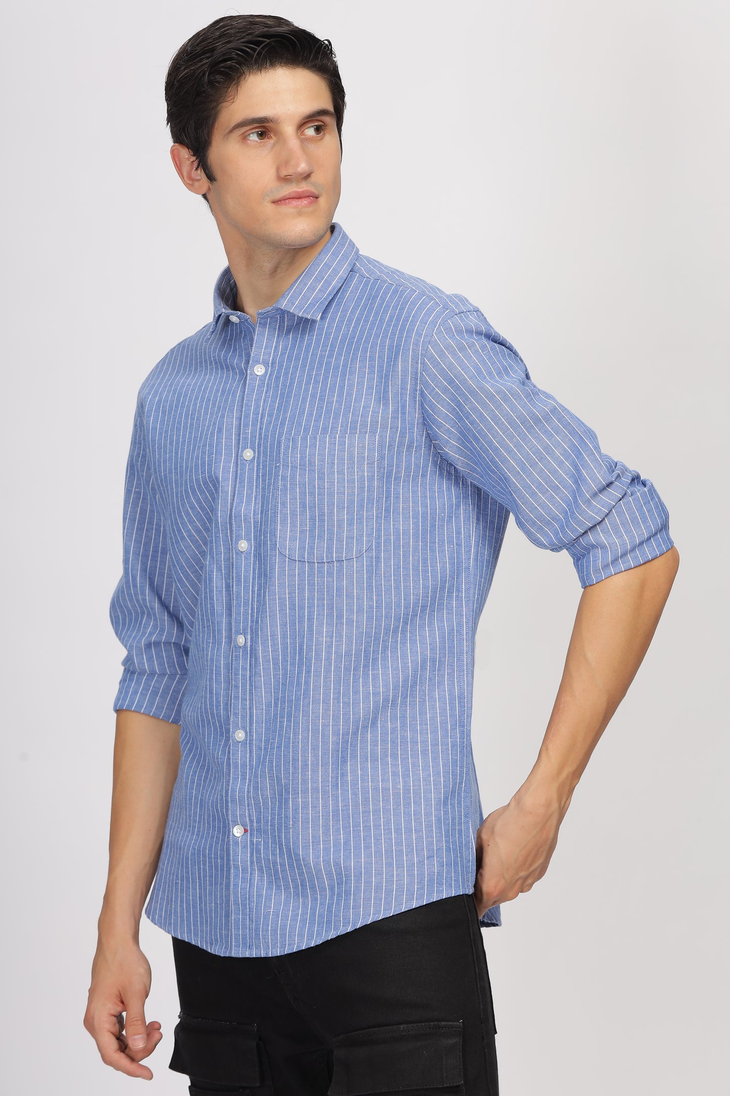 Uri Blue Linen Striped Full Sleeve Shirt