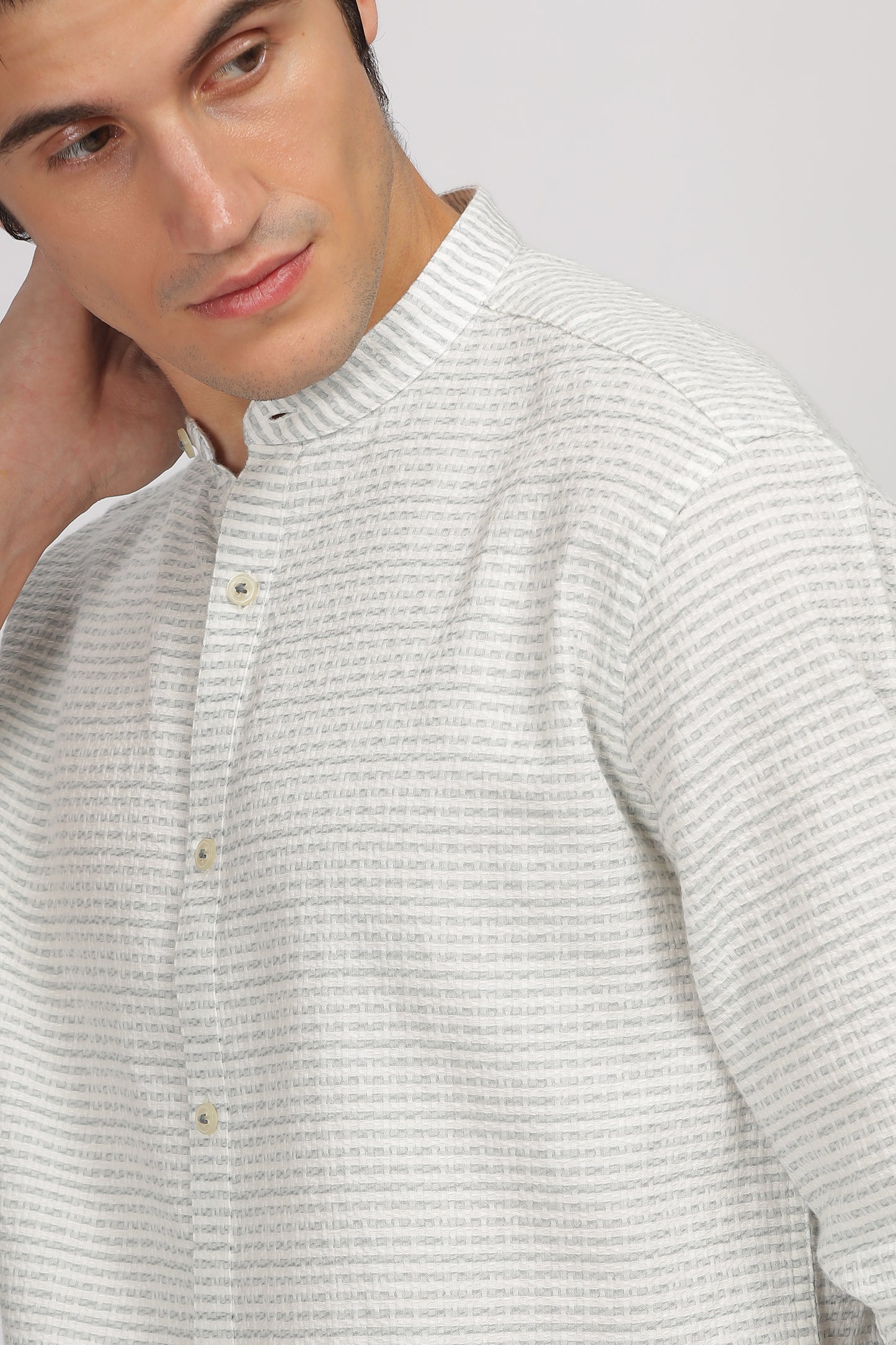 Uri Off White Striped Mandarin Collar Shirt